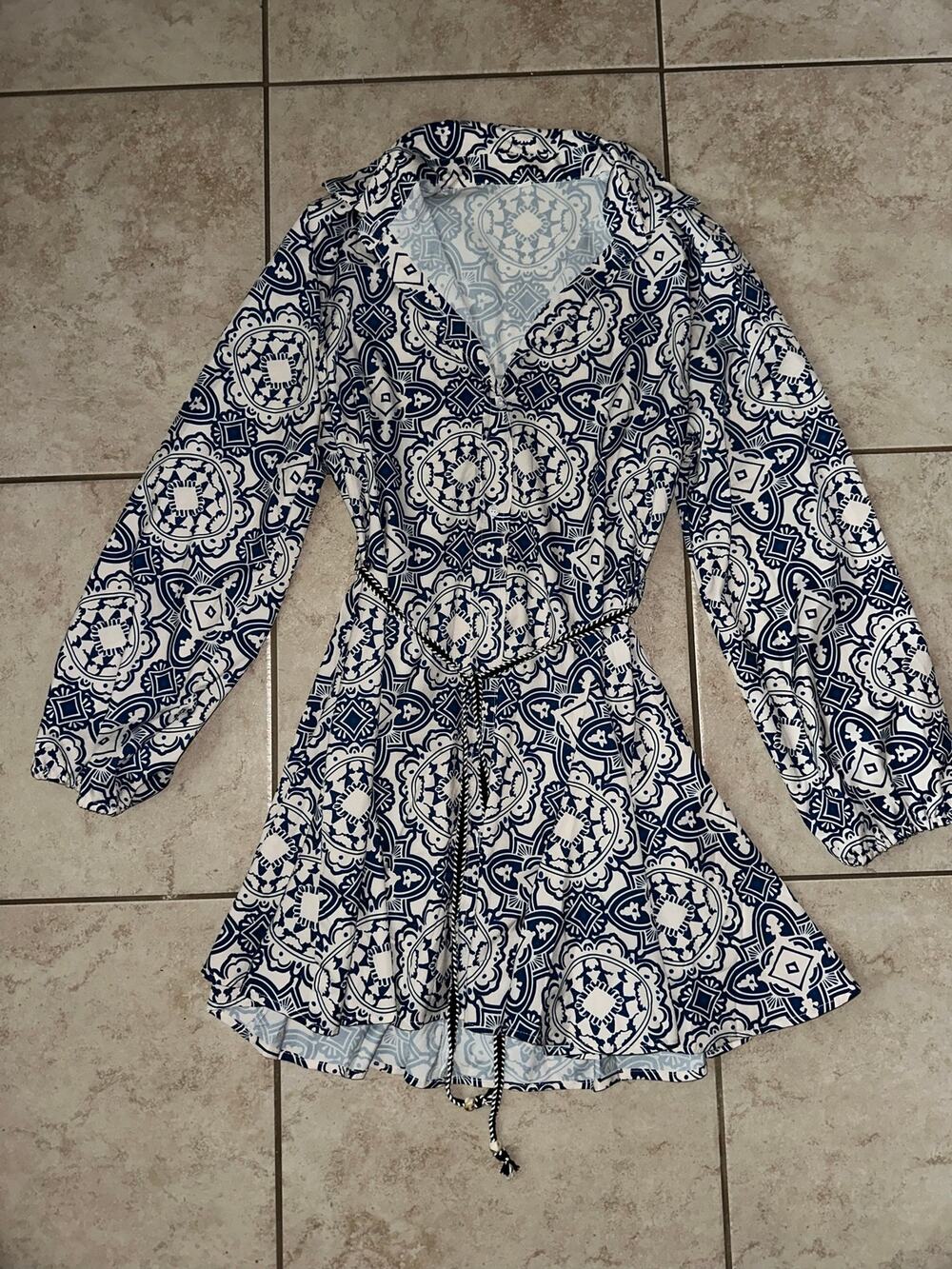 Shein Women’s Blue White Tile Print Shirt Dress Large Long Sleeve Belted Mini